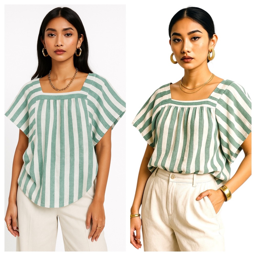 Beachlunchlounge‎ Striped Linen Blend Top Square Neck Green White Sz S Coastal